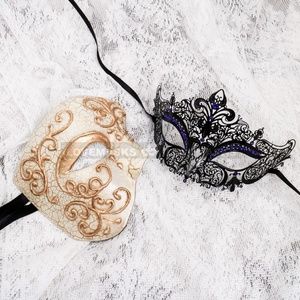 Gold Cracked Half Face Phantom Black Blue Mask Couple's Masquerade Party Masks